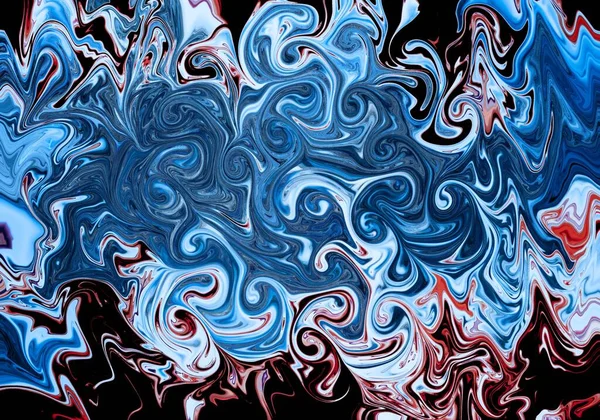 抽象的な黒の背景や壁紙上の青と赤の液体渦巻く大理石の炎のテクスチャ — ストック写真