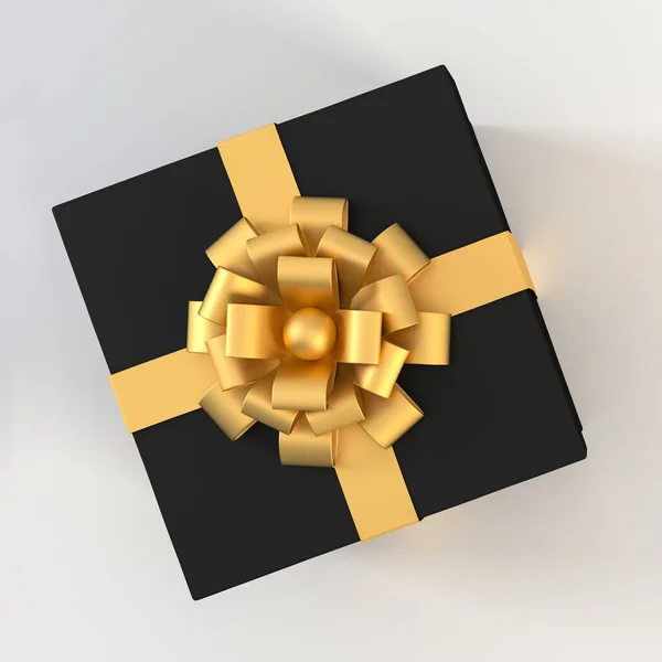 Top View Black Gift Box Gold Ribbon Bow Isolated White — Stock Photo, Image