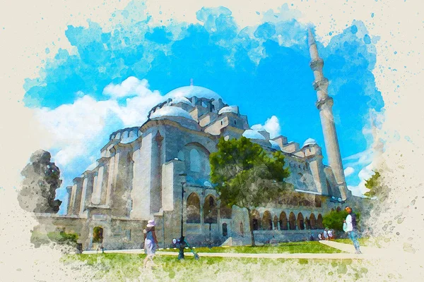 Suleymaniyeモスク水彩画のスケッチ写真効果 トルコ イスタンブールのSuleymaniye Camii中庭のデジタル水彩画 — ストック写真
