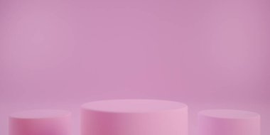 Ürünleri sergilemek için soyut arka plan tasarımı yapan üç adet pembe podyum 3d. Açık pembe silindir platformları, kozmetik ürünleri göstermek için model sahneleri. Sevgililer Günü konsepti kaidesi ya da biçimi.