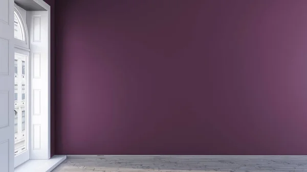 Púrpura Diseño Pared Maqueta Una Habitación Vacía Con Piso Madera —  Fotos de Stock