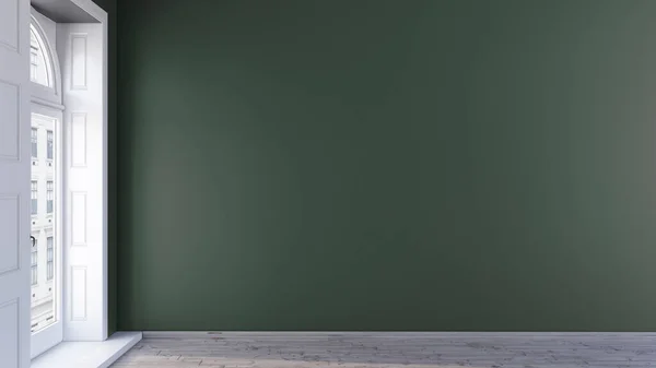 Dunkelgrüne Wandattrappe Einem Leeren Raum Mit Holzboden Und Weißen Hohen — Stockfoto