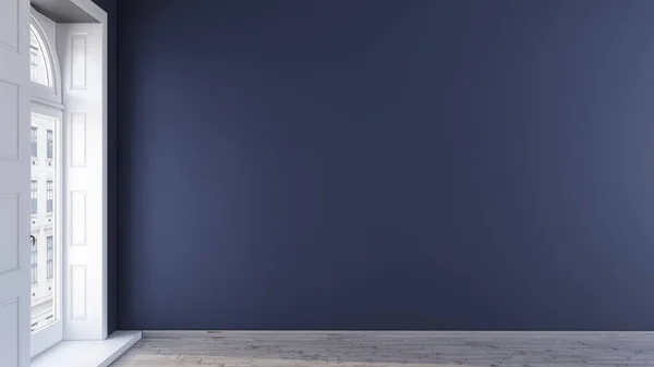 Marineblaue Wandattrappe Einem Leeren Raum Mit Holzboden Und Weißen Hohen — Stockfoto