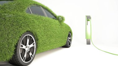 Elektrikli araç şarj istasyonu ile çevre dostu araba konsepti, beyaz, yeşil park yeri, temiz enerji, sürdürülebilir park, 3D görüntüleme üzerinde izole edilmiş gerçekçi çimlerle kaplı EV araba..