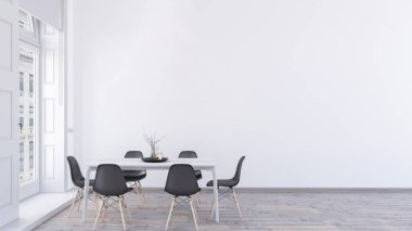 Minimalist zarif yemek odası. Yemek odası sahnesinde boş modern beyaz duvar modeli. 3D iç mimari, İskandinav yemek masası ve ahşap zeminli sandalyeler..