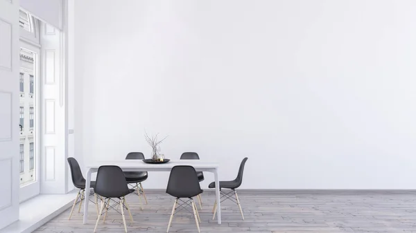 Minimalist elegant dining room. Empty modern white wall mockup in a dining room scene. 3d interior rendering, Scandanivian dining table and chairs with wooden floor.