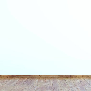 Ahşap zeminli boş beyaz duvar model sahne için resimleme arkaplanı.