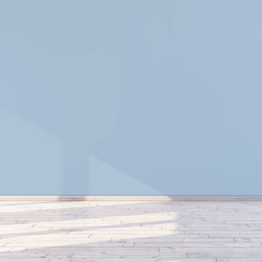 Açık mavi duvarlı boş bir bebek odası ve üç boyutlu resimli bir odanın penceresinden güneş ışığı..