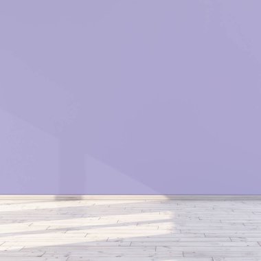 Boş bir bebek odası, ışık saçan bir bebek odası, eflatun bir duvar ve üç boyutlu bir odanın penceresinden yansıyan güneş ışığı..