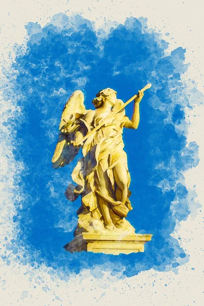 Watercolor painting of a holy angel statue with wings holding a war spear at the Saint Angel bridge -Ponte Sant Angelo- on a blue sky background, Rome, Italy.