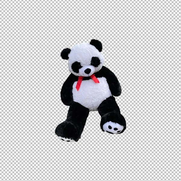 Panda bear doll isolated on png background, animal toy, teddy bear black and white color, closeup of cute panda toy with red ribbon, black rim of eyes