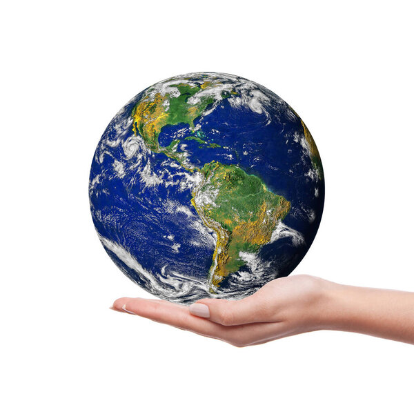 A woman's hand holding the earth isolated on white background. Save the planet earth concept. Earth day conceptual image. Elements of this image furnished by NASA.