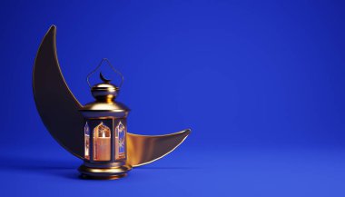 Ramadan background with golden lantern, and crescent moon and copy space, 3d rendering illustration. Muslim Holy Month Ramadan Kareem wallpaper design.
