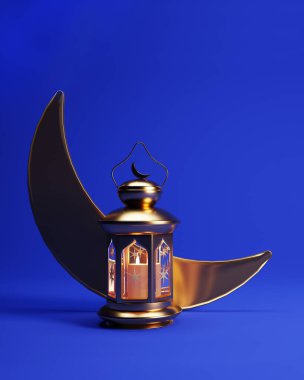 Ramadan background with golden lantern, and crescent moon and copy space, 3d rendering illustration. Muslim Holy Month Ramadan Kareem wallpaper design.