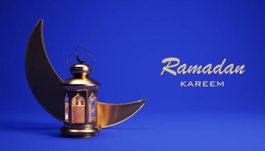 Ramadan Kareem background with golden lantern, and crescent moon, 3d rendering illustration. Muslim Holy Month Ramadan Kareem wallpaper design.