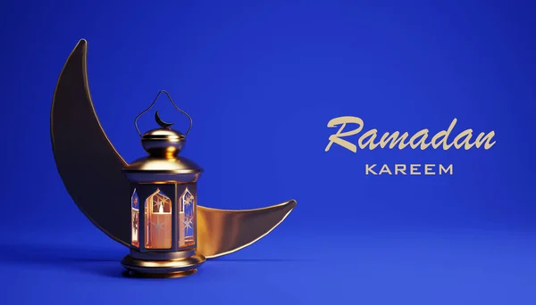 Ramadan Kareem background with golden lantern, and crescent moon, 3d rendering illustration. Muslim Holy Month Ramadan Kareem wallpaper design.