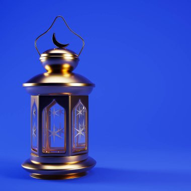 Ramadan background with golden lantern and copy space, 3d rendering illustration. Muslim Holy Month Ramadan Kareem wallpaper design.