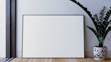 Horizontal frame mockup on a wooden floor with plant pot. 3d rendering interior scene.