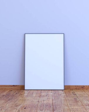 Beyaz gri bir duvarda dikey bir çerçeve modeli, ahşap zemin 3D ilüstrasyon..