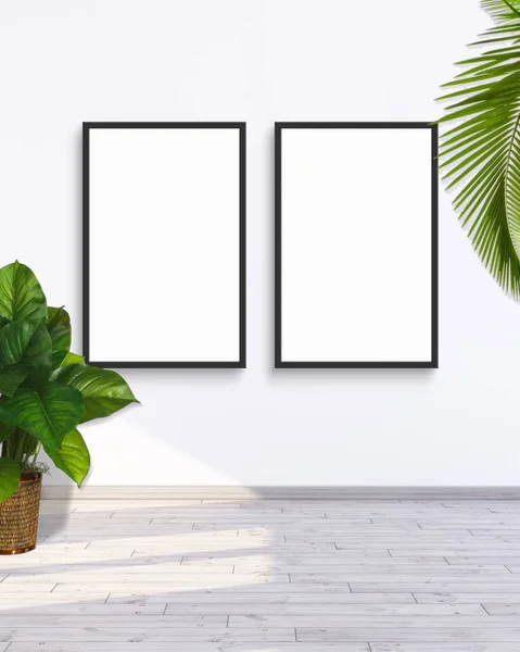 Two vertical frame mockup on a white gallery wall with wooden floor, palm leaves and green leaf plant pot 3d rendering illustration.