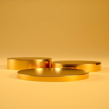 Altın kürsü ya da altın arka planda ürün sergisi için kaide. 3 boyutlu görüntüleme. Boş podyum veya altın zemin üzerinde silindir standının konseptiyle kaide görüntüsü. 