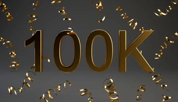 100K Seguidores Símbolo Con Confeti Renderizado Oro 100K Número Ilustración — Foto de Stock