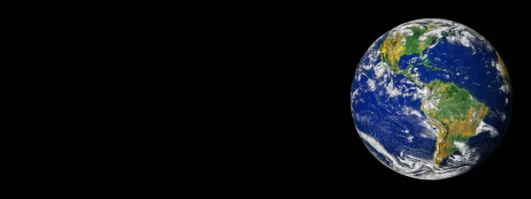 惑星地球は 黒い背景のバナーまたはコピースペースでヘッダーで隔離された空間から地球を地球します 北アメリカと南アメリカの衛星写真 Nasaが提供するこの画像の要素 — ストック写真