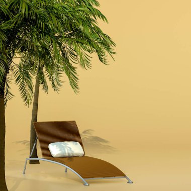 Güneş paneli ve palmiye ağacı olan yaz konsepti, üç boyutlu resimleme.