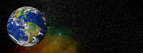 忍耐強い隕石シャワーとコピースペースを備えたカラフルな星空の地球 Hdスペースヘッダまたはバナーデザイン Nasaが提供するこの画像の要素 — ストック写真