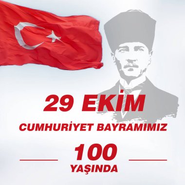 29 Ekim, Türkiye Cumhuriyeti Günü kutlaması. 29 Ekim Cumhuriyet Günü 'nün 100. yıldönümü kutlu olsun. Arka planda Türk bayrağı ve Atatürk silueti var. Sosyal medya pankart tasarımı.