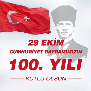 29 Ekim, Türkiye Cumhuriyeti Günü kutlaması. 29 Ekim Cumhuriyet Günü 'nün 100. yıldönümü kutlu olsun. Arka planda Türk bayrağı ve Atatürk silueti var. Sosyal medya pankart tasarımı.