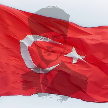 Türkiye 'nin ulusal bayramı için Atatürk silueti sosyal medya postası veya afiş arka plan tasarımı üzerinde dalgalanan Türk bayrağı.