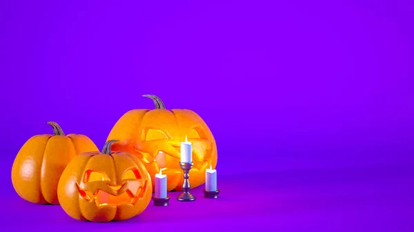 Fondo Púrpura Halloween Con Linternas Velas Calabaza Naranja Mínimo Moderno — Foto de Stock