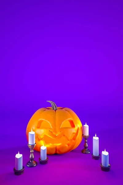 Jack Latarnia Świece Fioletowym Tle Halloween Miejsca Ksero Uśmiechnięta Koncepcja — Zdjęcie stockowe