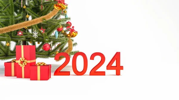 2023 Szczęśliwego Nowego Roku Białe Tło Choinki Czerwone Pudełka Upominkowe — Zdjęcie stockowe