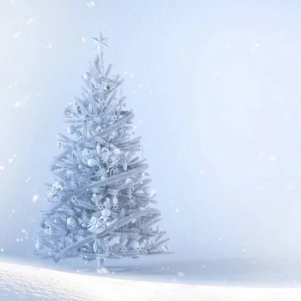 カードデザイン3Dレンダリングイラストを挨拶するための雪のクリスマスの背景コンセプト ホワイトクリスマスツリーとコピースペースのある白い背景の雪片 — ストック写真