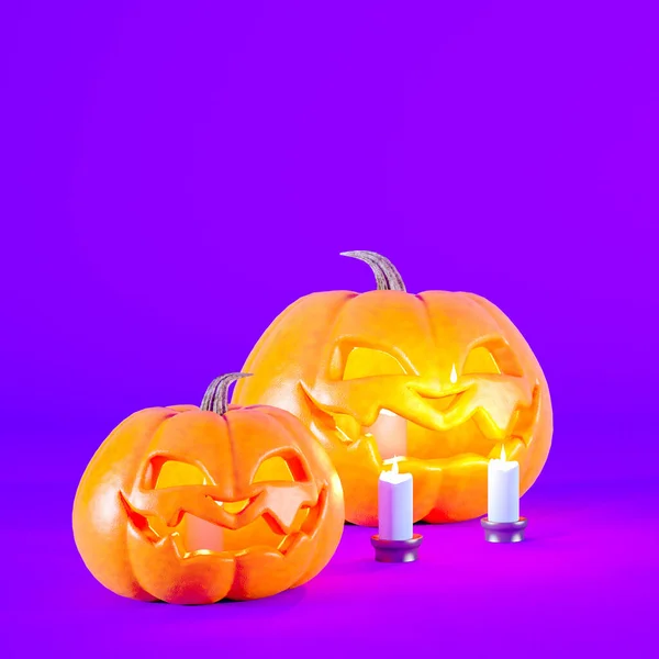 Concepto Halloween Fondo Púrpura Con Linternas Calabaza Naranja Velas Idea — Foto de Stock