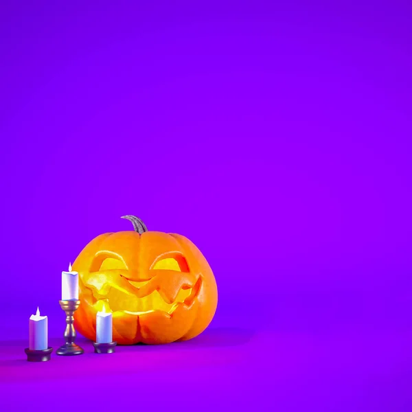 Fondo Púrpura Halloween Con Jack Linterna Velas Espacio Copia Spooky — Foto de Stock