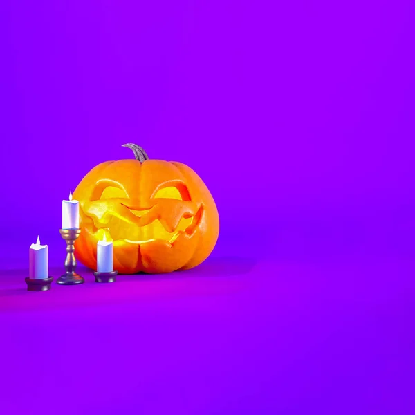 Jack Linterna Velas Sobre Fondo Púrpura Halloween Con Espacio Copia — Foto de Stock