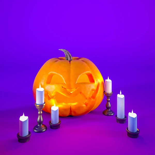 Jack Lantern Candles Purple Halloween Background Copy Space Smiling Orange — Stock Photo, Image