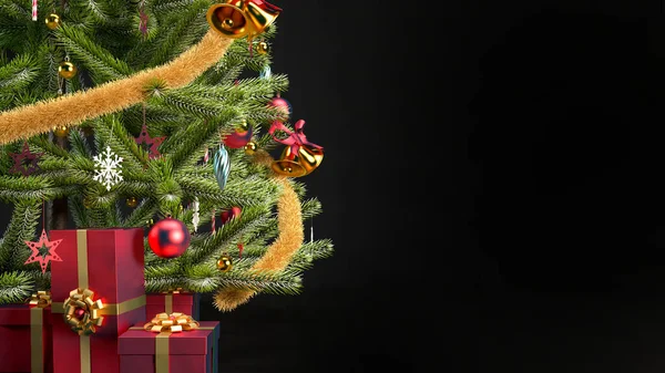 圣诞背景 圣诞树 红色礼品盒和复制空间 新年快乐黑色背景概念3D渲染说明 — 图库照片