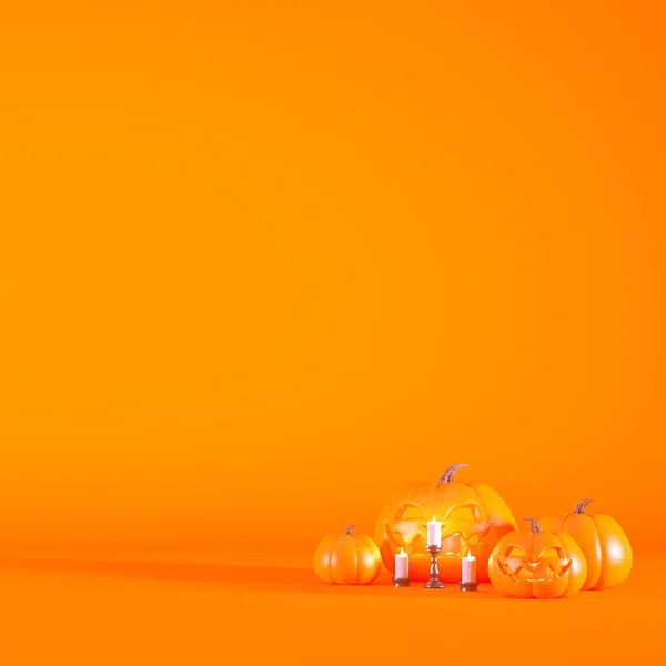 Concepto Halloween Fondo Naranja Con Calabazas Jack Linternas Velas Idea — Foto de Stock