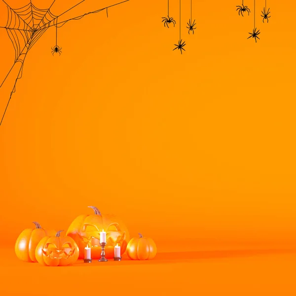 Concepto Halloween Fondo Naranja Con Calabazas Linternas Velas Telarañas Espeluznantes — Foto de Stock