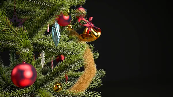 圣诞背景与关闭圣诞树和复制空间 新年快乐黑色背景概念3D渲染说明 — 图库照片