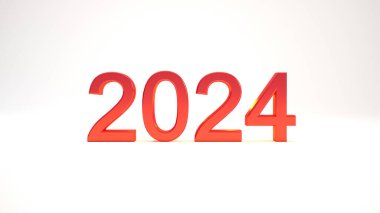 Beyaz arkaplanda izole edilmiş 2024 kırmızı 3D metin, mutlu yeni yıl arkaplan konsepti 3D resimleme.