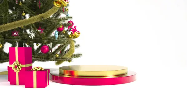 Pódio Ano Novo Feliz Rosa Dourado Stand Com Árvore Natal — Fotografia de Stock