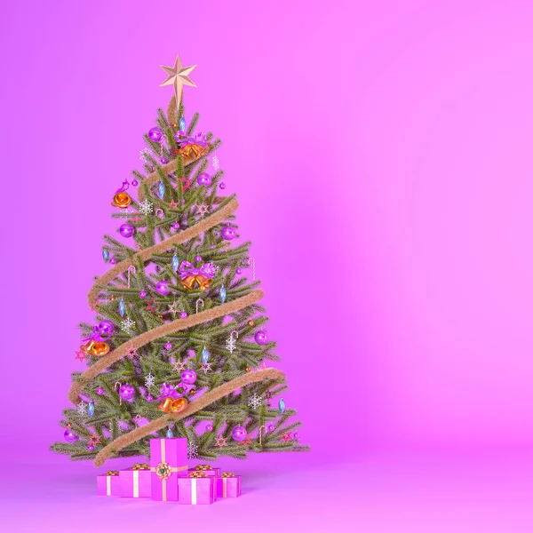 Árvore Natal Decorada Com Presentes Fundo Rosa Com Espaço Cópia — Fotografia de Stock