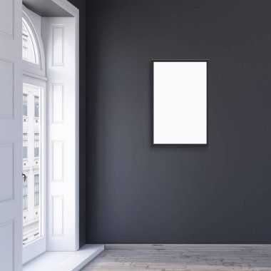 Modern iç mekan arka planında, siyah duvarlı, 3D resimli poster çerçevesi..