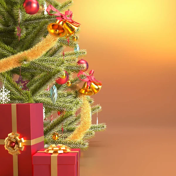 圣诞树的金色背景与红色礼品盒和复制空间 新年快乐或圣诞快乐金色背景概念3D渲染 — 图库照片