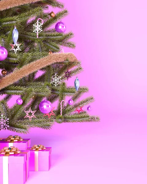圣诞粉色背景 圣诞树 粉色礼品盒和复制空间 新年快乐粉红背景概念3D渲染说明 — 图库照片